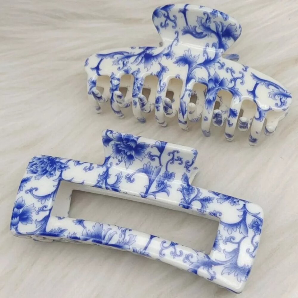 2 Hair Claw Clips For Women, Plastic Blue And White Porcelain Printed